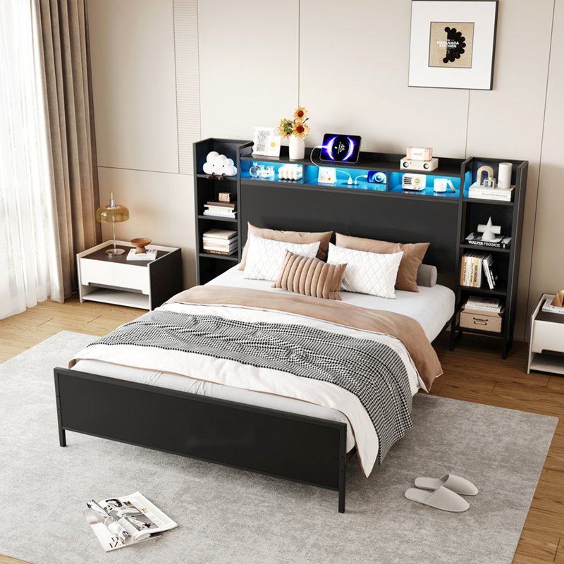 Cadre de lit grand format avec station de charge USB, tête de lit avec rangement et base de lit plateforme en métal robuste et léger, sans sommier, noir