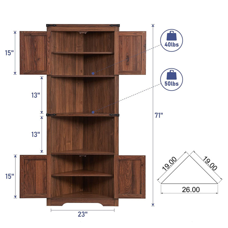 Tall Corner Storage Cabinet with Barn Door and Adjustable Shelves, Brown