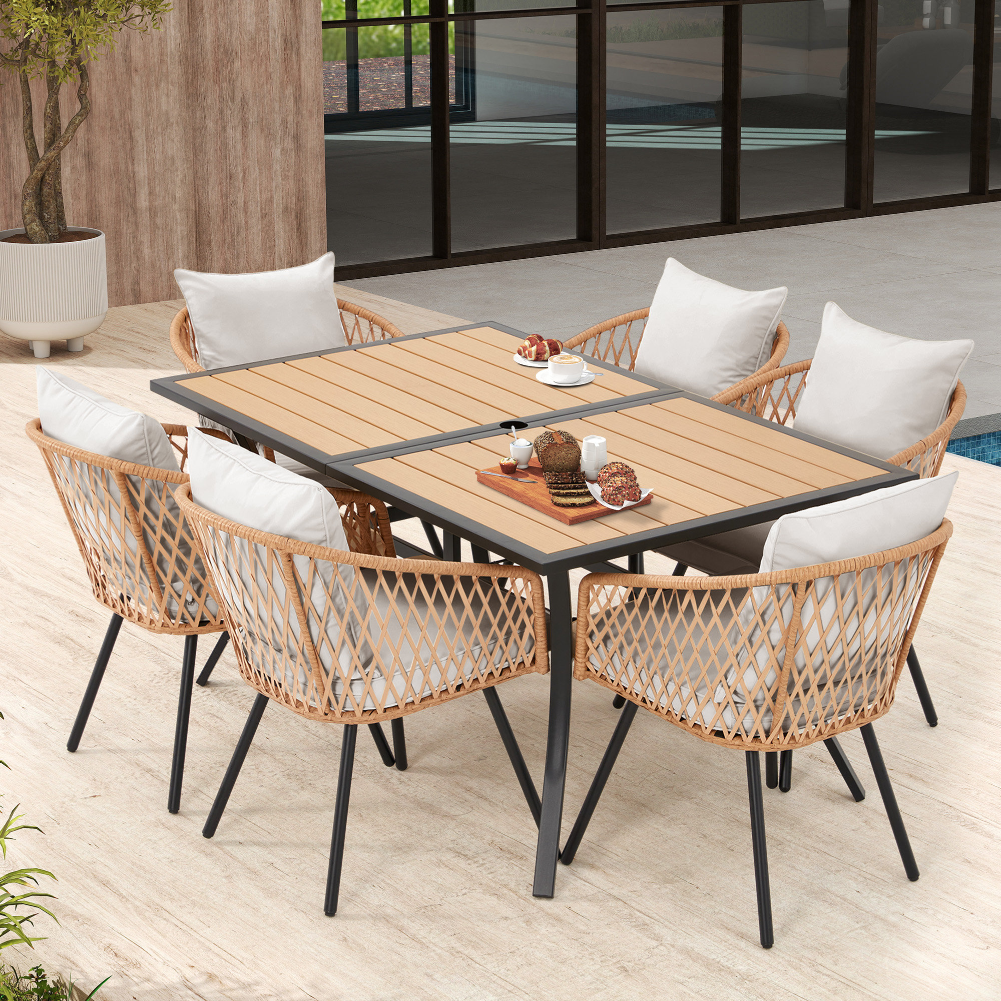 EROMMY 7 Piece Outdoor Dining Table Set, Patio Table And Chairs Set With 6 Rattan Chairs, Rectangular Table With Umbrella Hole, All-weather Patio Furniture For Backyard, Lawn, Garden | Wayfair