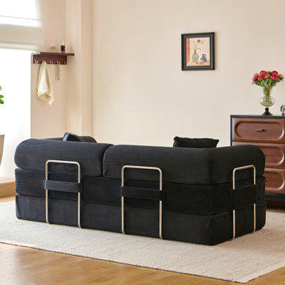 Canapé à compression de 78,8 po, canapé-lit convertible au sol avec accoudoirs avec dossier coussiné, canapé-lit futon confortable, canapé modulaire désossé Loveseat, tissu en velours côtelé, pour le salon, la chambre à coucher, noir