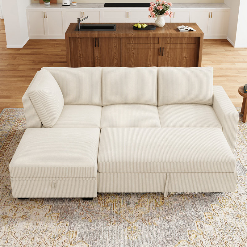 Brunella Upholstered Corduroy Sectional Sofa Bed Beige, 35" H x 87" W x 59.8" D, Beige Corduroy