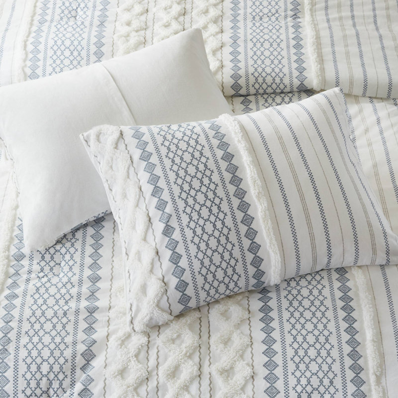 Ensemble d'édredon en coton Imani, Édredon double / grand + 2 taies décoratives sta, Blanc / Bleu marine