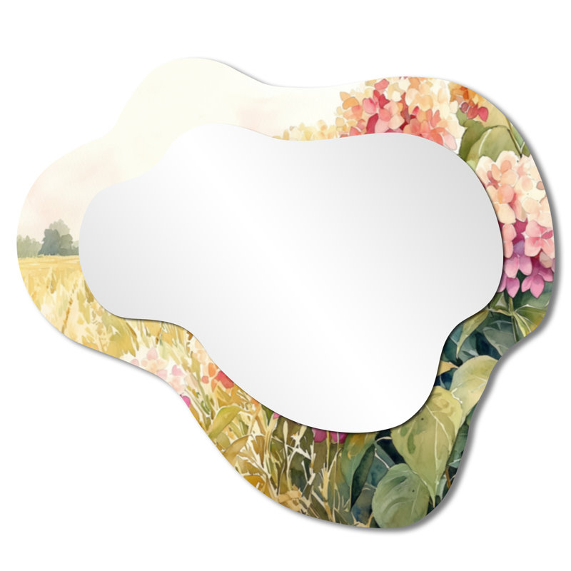 «Hortensias de campagne dans le champ de maïs» - miroir mural décoratif en hortensia, miroir de coiffeuse traditionnel, imprimé sur métal