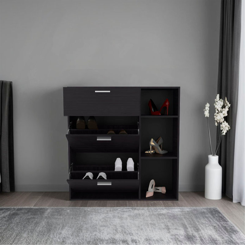 Showie 3-Door Shoe Rack With Interior Shelves And Side Shelves, One Drawer Storage Cabinet For Shoes And Accessories