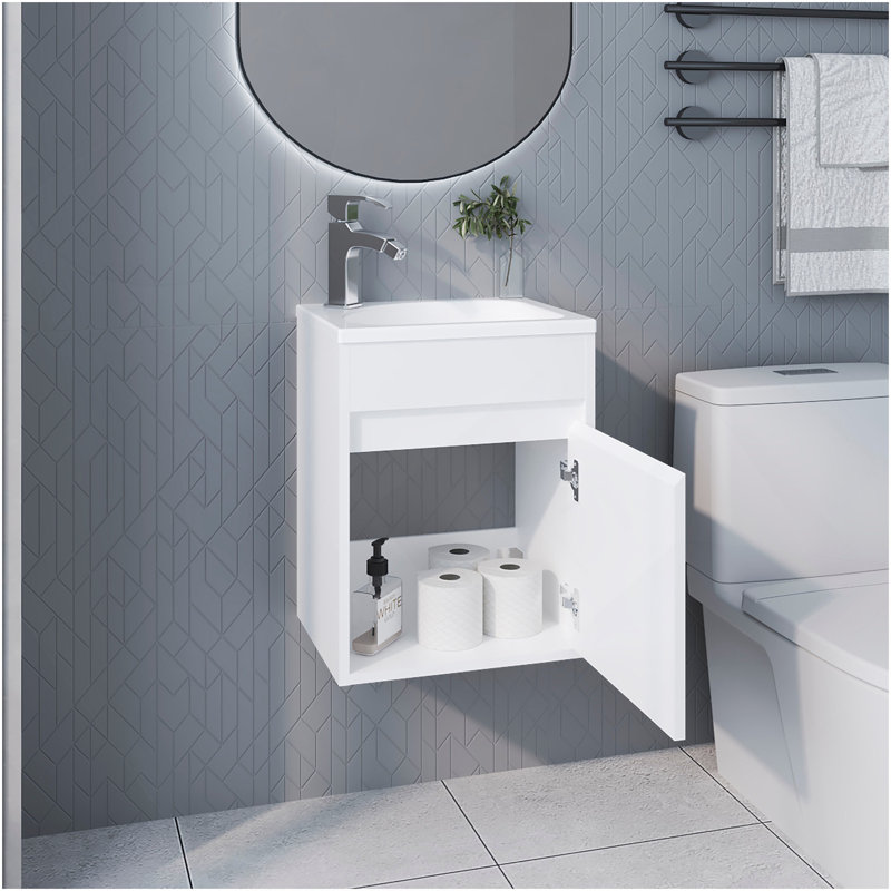 FM FURNITURE  Florence Bathroom Floating Vanity With Sink, 1 Door, White, White