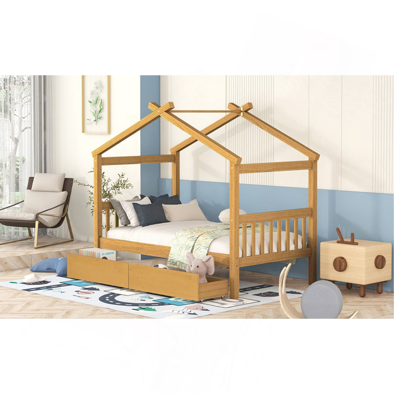 Lit simple en bois avec tiroirs, Naturel