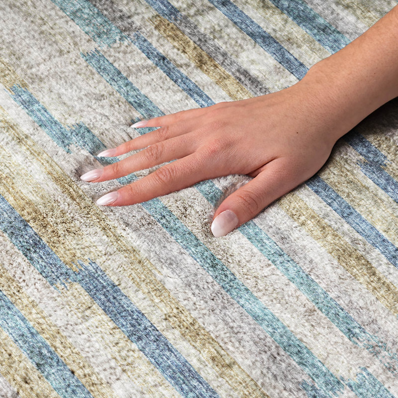Premium Machine Washable Dream Shag ADS114 Striped Bars Rug, Blue, 2'6" x 3'10"