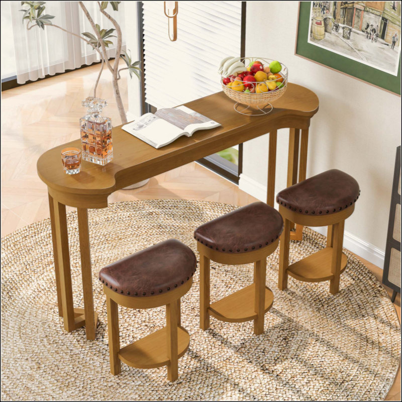 Ensemble de table de bar en bois à hauteur de comptoir, table de petit-déjeuner 4 pièces avec 3 tabourets de bar rembourrés en polyuréthane pour le salon et la salle à manger