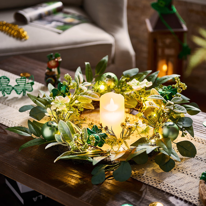Couronne de porte pliable Valery Madelyn avec lumière, couronne de printemps avec trèfle à trèfle, centre de table, cadeau du préfet et décoration pour fête irlandaise - 24 po
