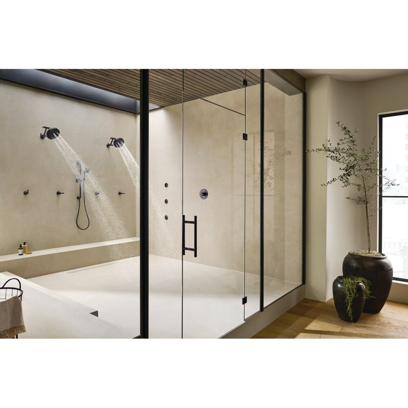 Litze® 8” H2Okinetic® Round Multi-Function Wall Mount Showerhead, Matte Black/Luxe Steel