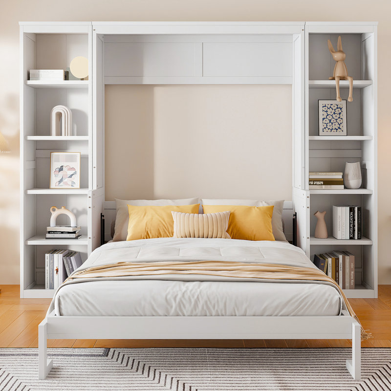 Grand lit blanc avec bureau et bibliothèque - structure en bois de pin blanc. Économisez de l'espace dans la chambre à coucher. Aucune boîte à ressorts requise. De nombreuses options de rangement. Grande tablette pliable pour économiser de l'espace