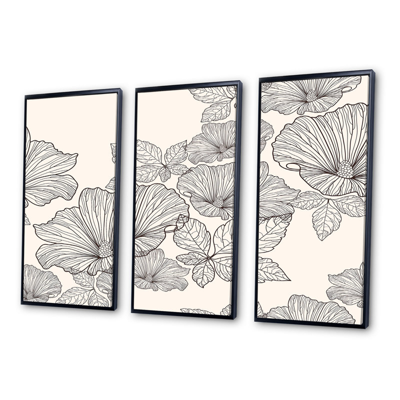 Fleurs et feuilles monochromes - ensemble d'art mural sur toile traditionnel encadré de 3, H 28 po x l 36 po x P 1 po, Noir
