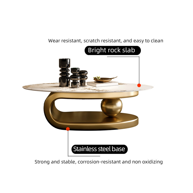  Liliane 51.18'' Oval Coffee Table, Contemporary Center Table, Marble Coffee Table Top with Oversized Sphere Support for Living Room, Stainless Steel Base