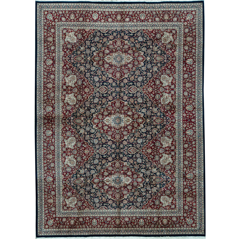 Tapis bleu marine et vin de haute qualité noué à la main