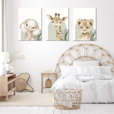 Nursery Canvas Wall Art Set Of 3 Baby Boy Girls Kids Room Picture Wall Decor Jungle Safari Lion Elephant Giraffe Poster Painting Cute Animal Prints For Children Toddlers Bedroom 12x16 Framed