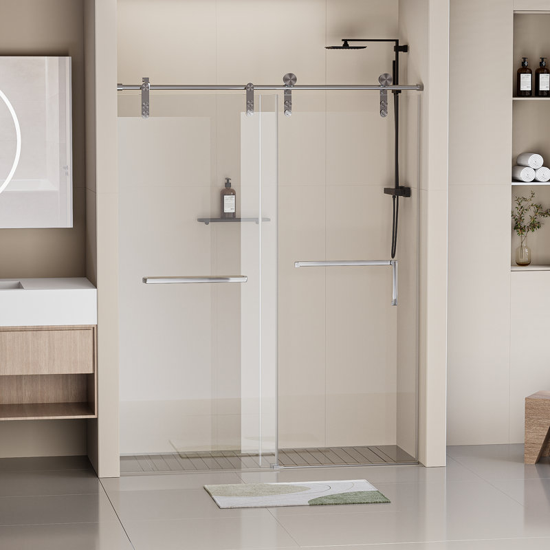 Frameless Brushed Nickel Sliding Shower Door with Clear Tempered Glass