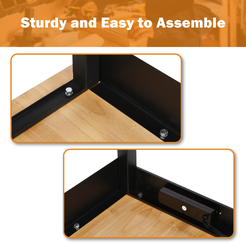 Adjustable Height Black Metal Workbench with Wood Top