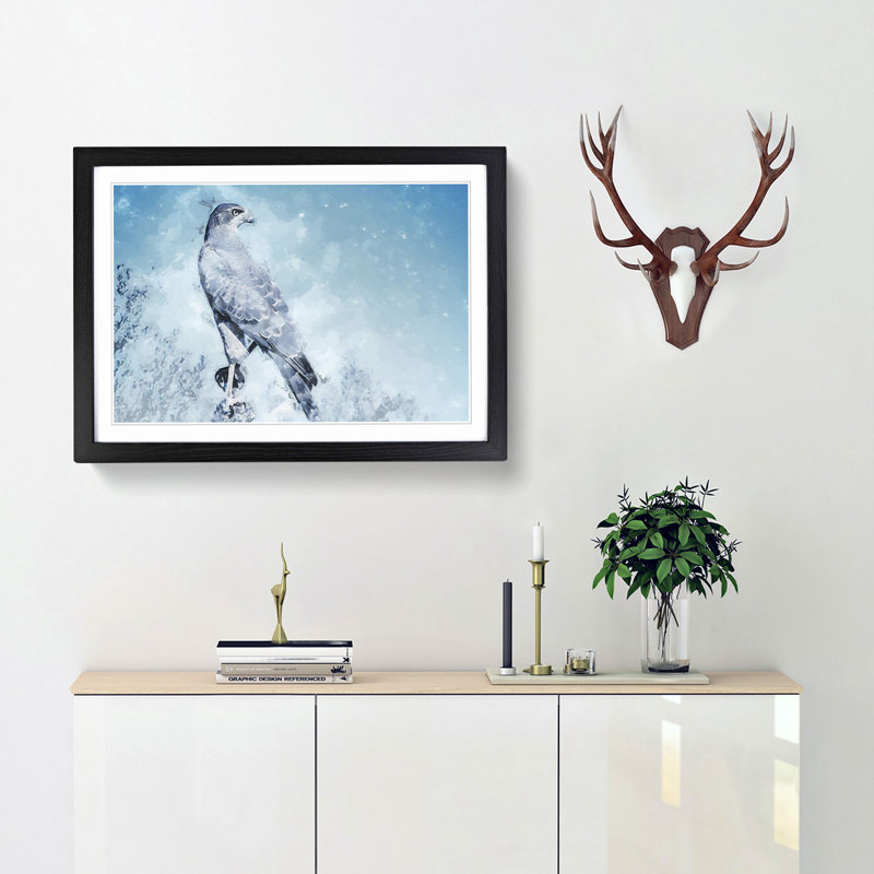 Falcon Bird with a Winter Scene - Picture Frame Painting Print, 40cm H x 60cm W x 2cm D, Black