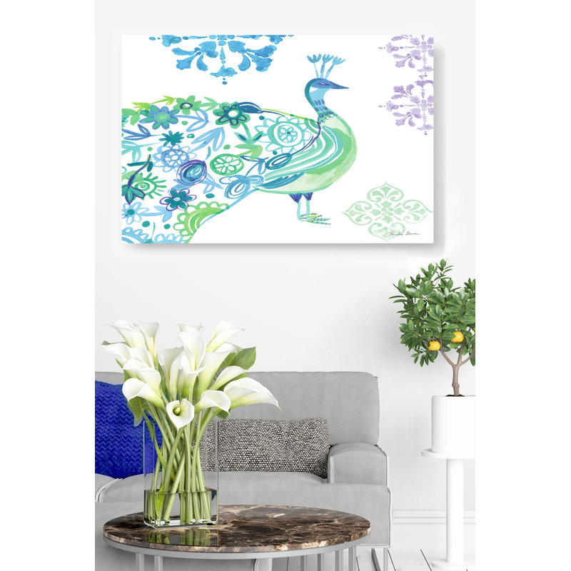 Paon conçu, bleu, vert, sur fond blanc, aquarelle, H 24 po x l 36 po x P 1,5 po
