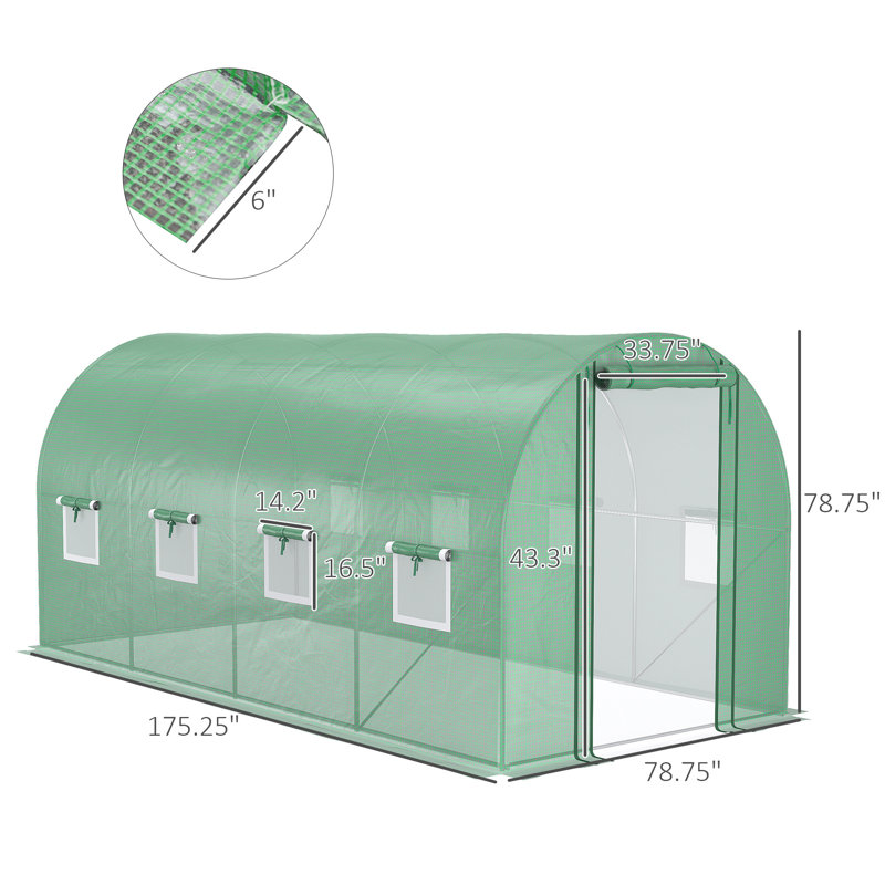 Outsunny 14.6' X 6.6' X 6.6' Walk-In Tunnel Hoop Greenhouse With Mesh Door & 8 Windows, Dark Green