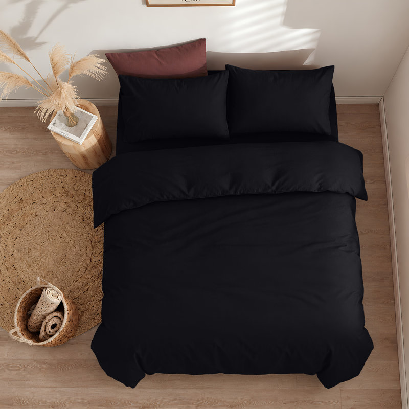 300TC Microfiber Duvet Cover Set – Reversible Luxury 3-Piece, Double Duvet Cover + 2 Standard Pillowcases, Black