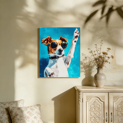 «Cool Sun lunettes Pup», art mural en bois à fond encastré ， 36 x 24