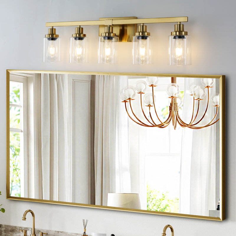 Luminaire de meuble-lavabo moderne 5 lumières 31 "avec abat-jour en verre transparent, Doré