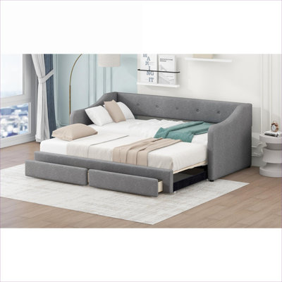 Upholstered Convertible Daybed Multi-Use Bedroom and Guest Space Furniture Cool Gray Expands From Twin XL to King With Storage Drawers