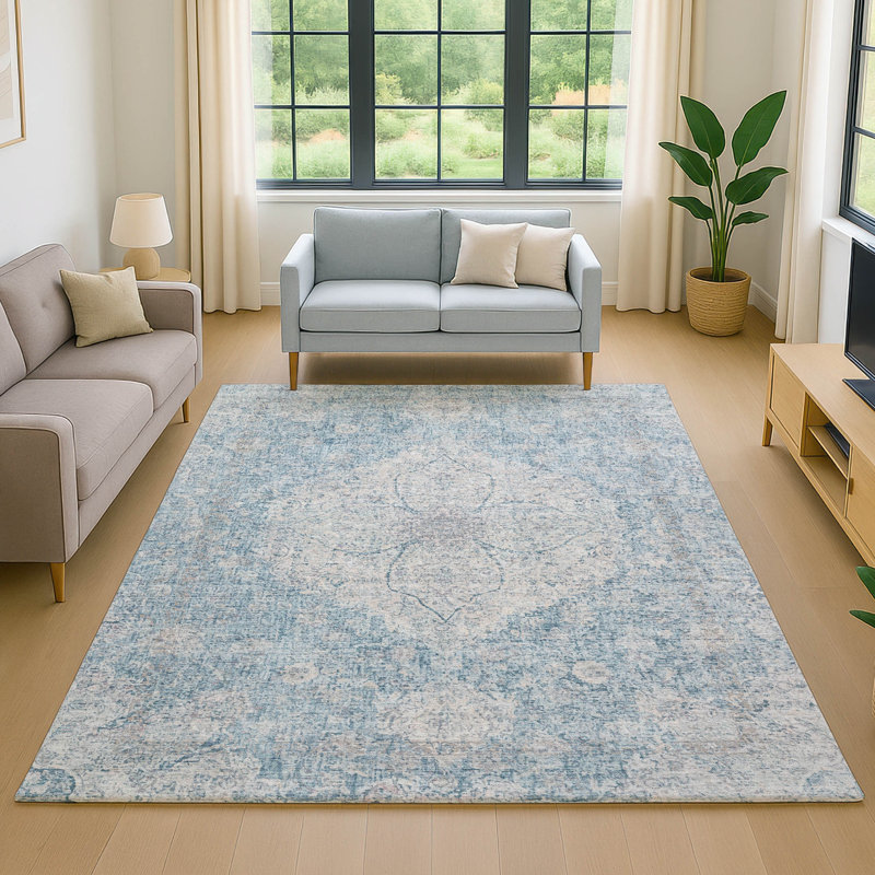 Premium Machine Washable Mayfield AMF2136 global Rug, Denim, 9' x 12'