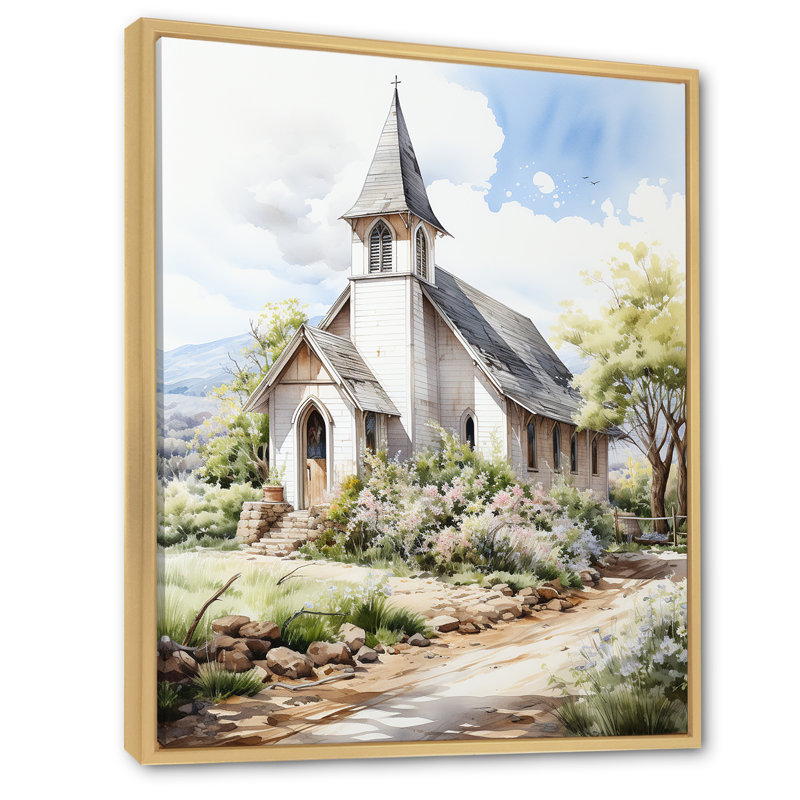 Aquarelle de la chapelle de mariage blanc au printemps rustique, H 44 po x l 34 po, Cadre naturel flottant