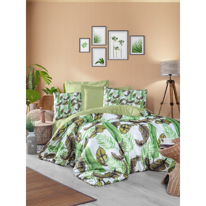 High-Quality Double Quilt Cover Set, Green & White, Duvet Cover (79 x 87 inches) & Flat Sheet (87 x 94 inches), 2 Pillowcases (20 x 27 inches) | 100% Polyester Microsatin & Cotton | Machine Washable, Elegant 3D Print Design