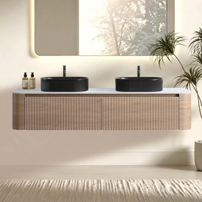 Meuble-lavabo mural 72 po avec lavabo, armoire avec porte-serviettes gratuit, conception de deux lavabos en céramique rayés ovales sans drain ni robinet, pré-assemblé