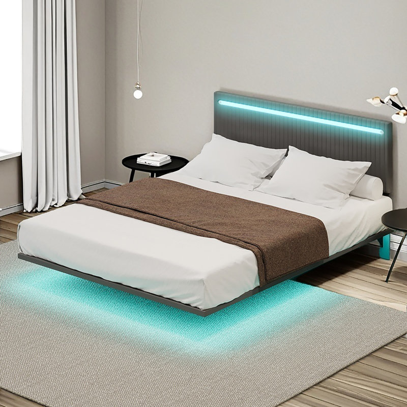 Structure de lit flottante en velours avec lumières DEL, Beige, Double