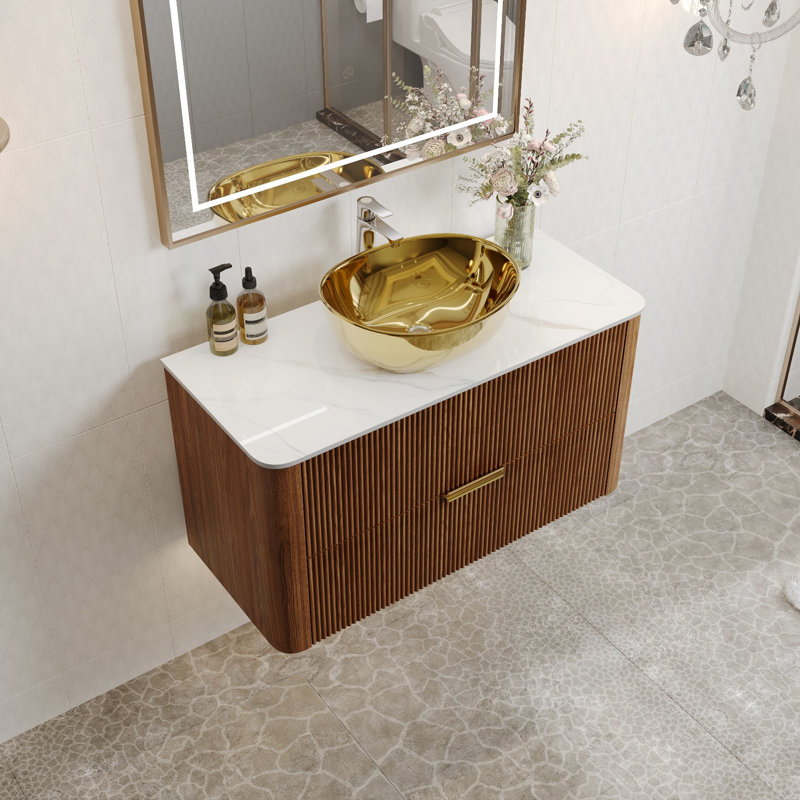 Meuble-lavabo flottant 36 po avec lavabo en céramique doré et tiroirs, brun foncé 36 po