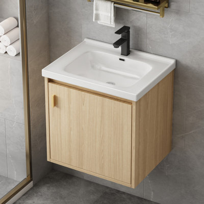 Meuble-lavabo de 20 po avec lavabo, petit meuble-lavabo mural avec porte flottante moderne, drain escamotable, siphon inclus (sans robinet)