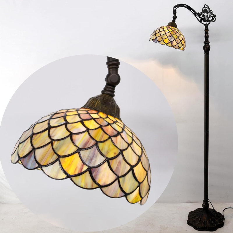 Tiffany Style Floor Lamp With Stained Glass Shade, Adjustable Angle, Bronze Resin Base, E26 Bulb Compatible, UL Listed Footswitch