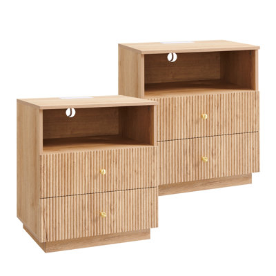 25.98" Tall Modern End Table Set of 2, 21.65" Wide Wood End Table with Charging Station, Storage Drawers w/Fluted Profile Design for Bedroom,Natural