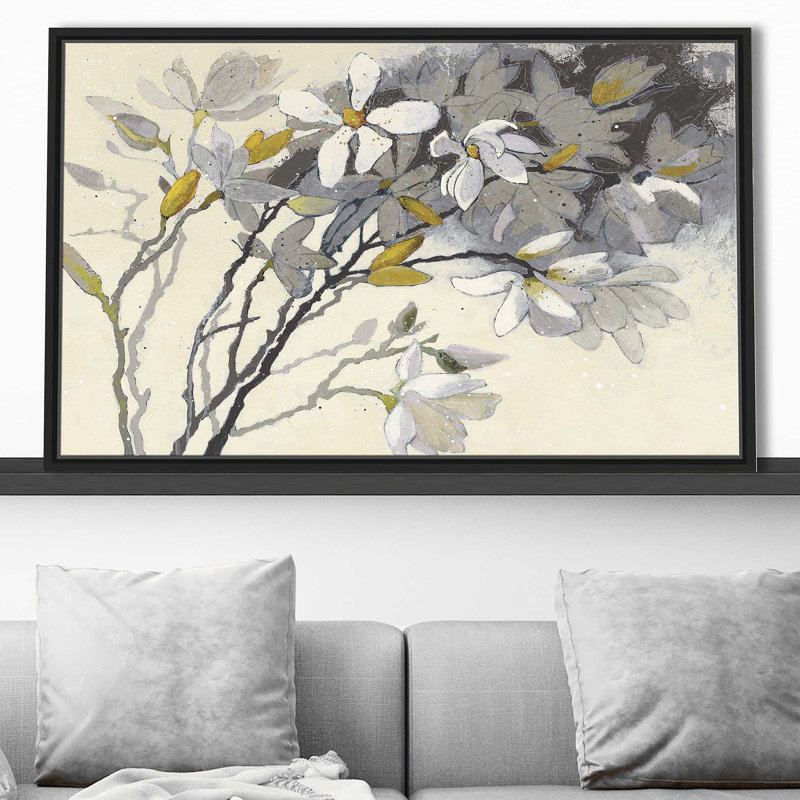 Magnolias jaune gris - Peinture, Cadre flottant noir, H 27,5 po x l 43,5 po x P 2 po