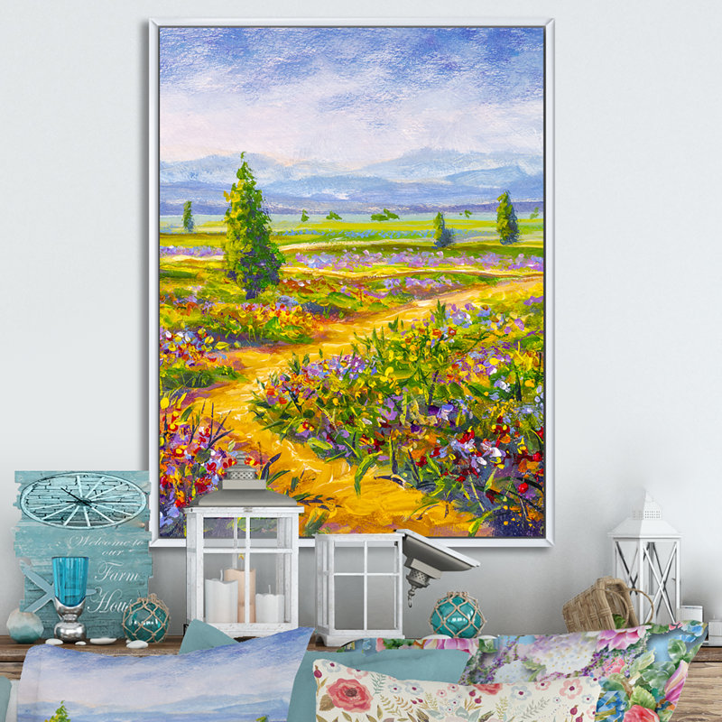 Chemin vers un champ floral coloré - Peinture, H 40 po x l 30 po x P 1,5 po, Toile à cadre flottant blanc