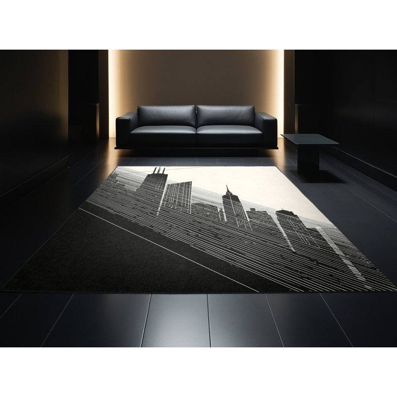 Machine Washable Cities & Countries Chicago Skyline Modern & Contemporary Geometric Rug in Brown – Black Binding, 2x3