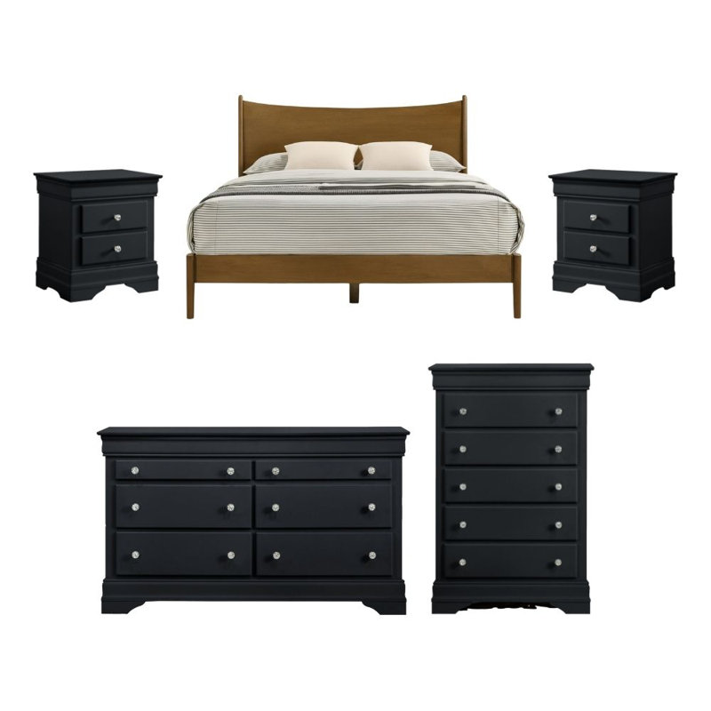Barvelle Solid Wood 5 Piece Bedroom Set, Brown/Black, 5 Pcs: Bed, 2 Dressers, 2 Nightstands