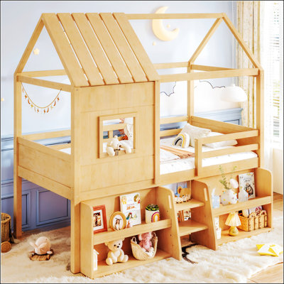 Lit mezzanine simple avec tablettes et escaliers de rangement, lit mezzanine avec toit en forme de maisonnette et fenêtre, conception enfantine et sans sommier, naturel