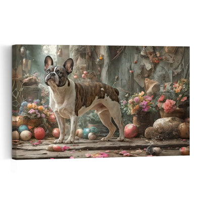 French Bulldog Easter Blooms Colorful Rustic Serene Bulldog Dog Portrait Spring Wall Art Print 1 Piece Wrapped Canvas Wall Art