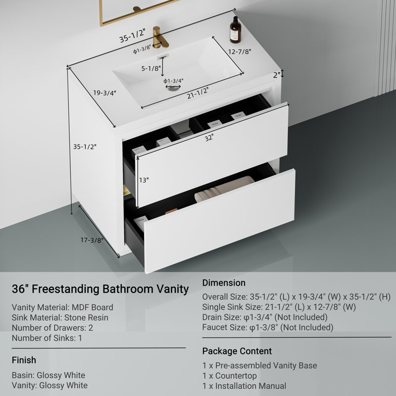 Meuble-lavabo autoportant 36 po avec lavabo 36 po, Blanc