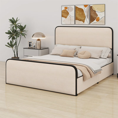 Structure de lit avec tête et pied de lit rembourrés en tissu courbé, lit moderne avec 4 tiroirs de rangement