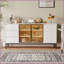 Table basse moderne blanche avec rangement pour le salon / salle à manger, panneau de particules facile à nettoyer, 3 tiroirs et amp; 2 armoires