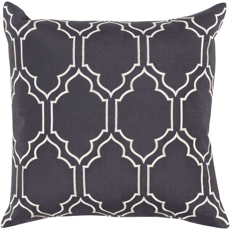 Stamped Damask Linen Pillow Cover, 18" H x 18" W x 0.25" D, Ink Blue / Light Gray