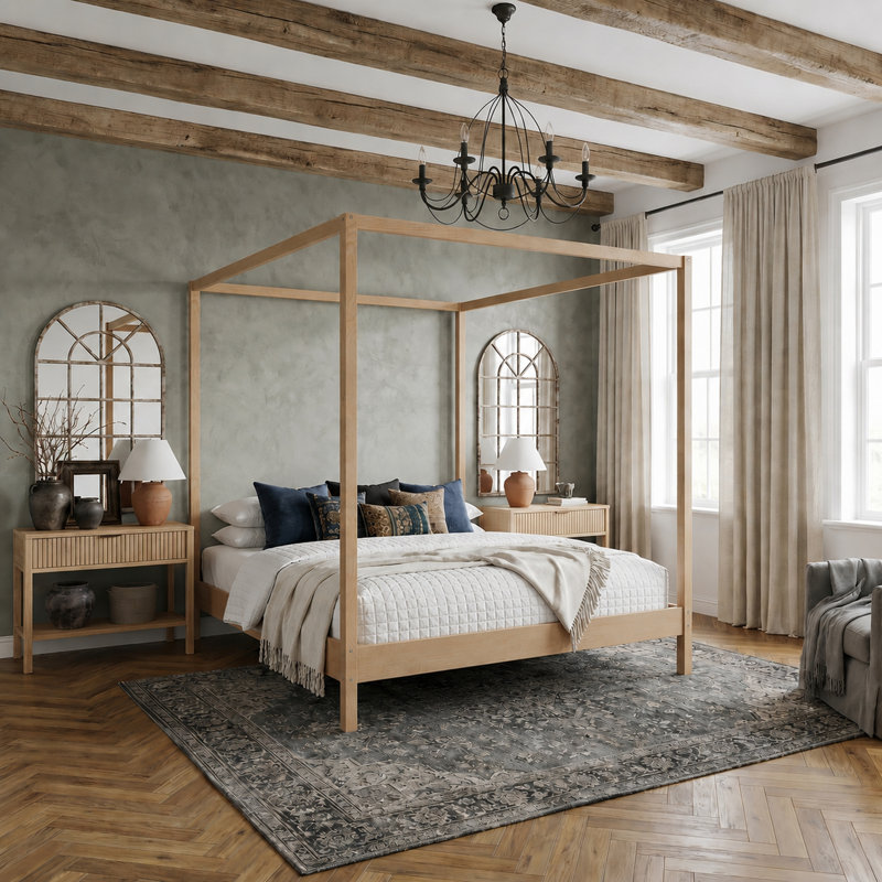 Natural Pine Wood Canopy Platform Bed Frame with Slatted Base, Modern Minimalist Four-Poster Bed, No Box Spring Needed, King Size