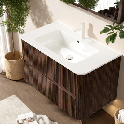 Meuble-lavabo flottant et lavabo peu encombrant, meubles de salle de bain à finition noyer rétro