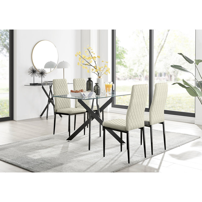 Lenworth Glass Rectangular Dining Table Set with 4 Quilted Velvet Dining Chairs, Black, Mustard